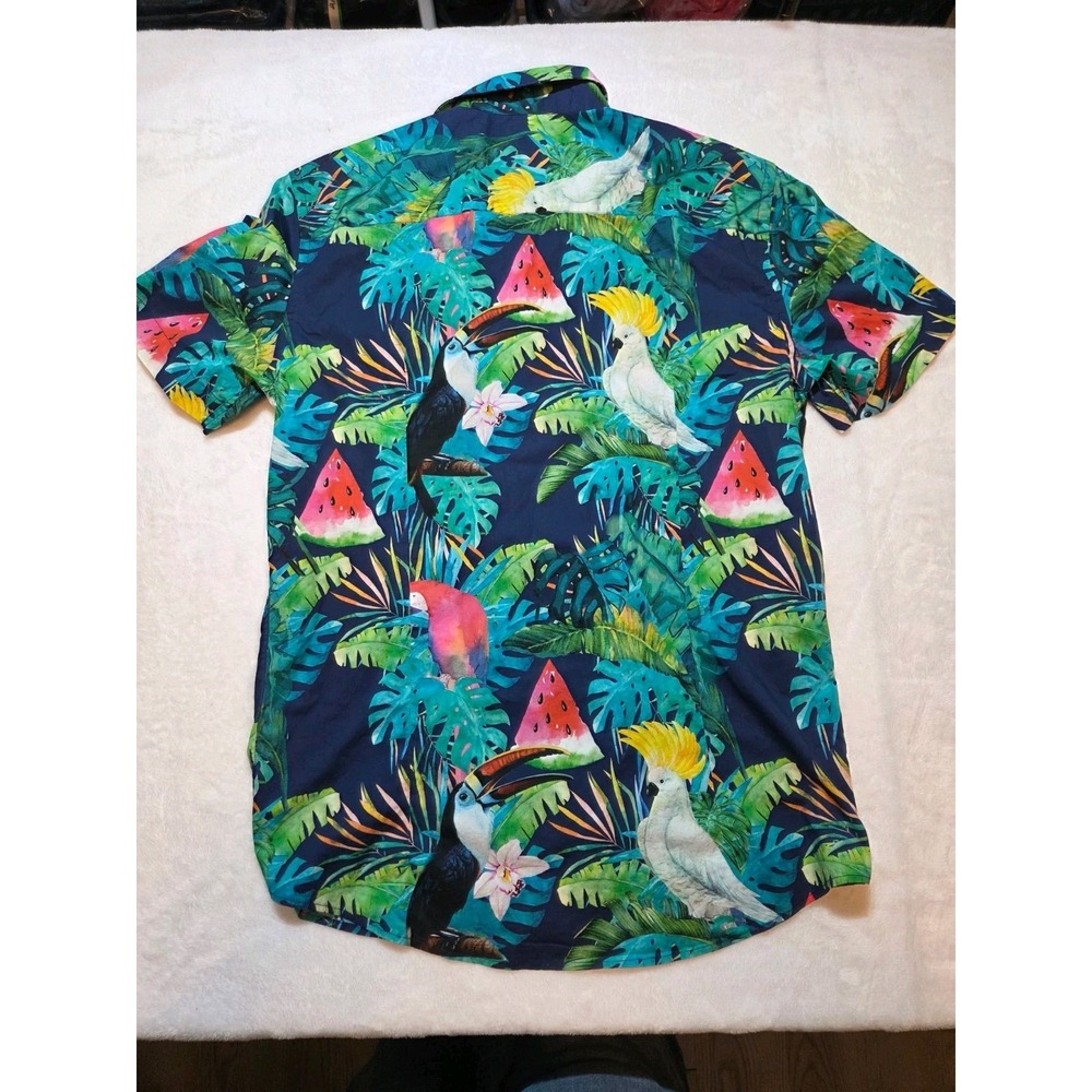 242 MCNEAL Tropical Hawaiian Shirt Men's Medium Toucan Parrot Button Up Blue